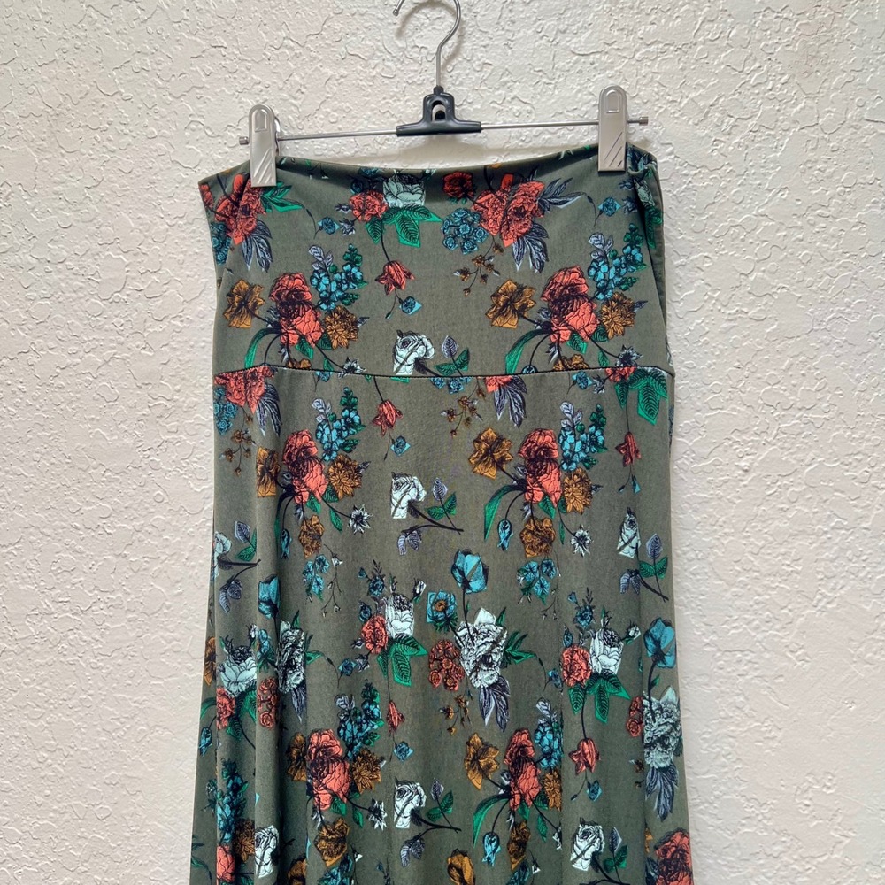 LuLaRoe Olive Green Floral Maxi Skirt Small Boho Wide Waistband Lola